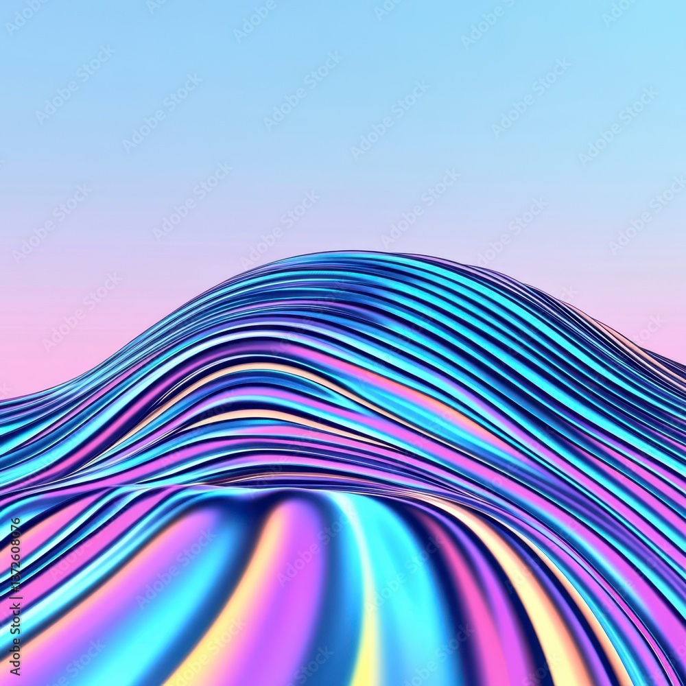 Poster abstract iridescent landscape with flowing, colorful lines creating a wave like pattern against a pa