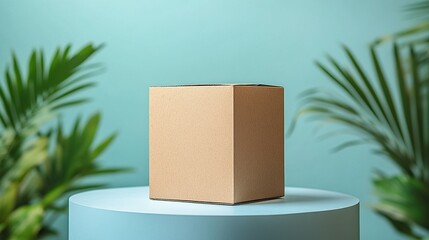 A simple brown cardboard box on a blue platform, set against a soft turquoise background with green plants.