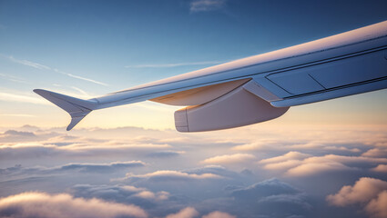 Obraz premium A breathtaking sunrise view from above the clouds, soaring through the sky on a journey to new horizons, with soft pastel clouds and a calm blue sky.
