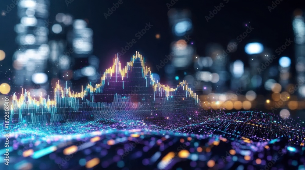 Poster abstract digital landscape at night, featuring a glowing, multicolored data visualization over a blu