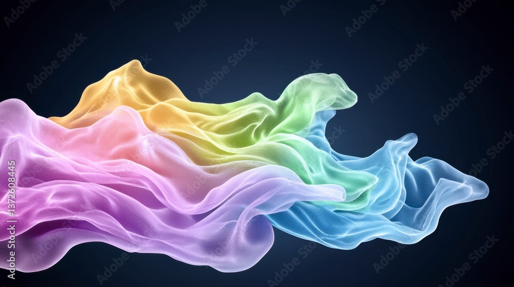 Poster abstract pastel rainbow colored fabric flowing in dark background. digital rendering of flowing text