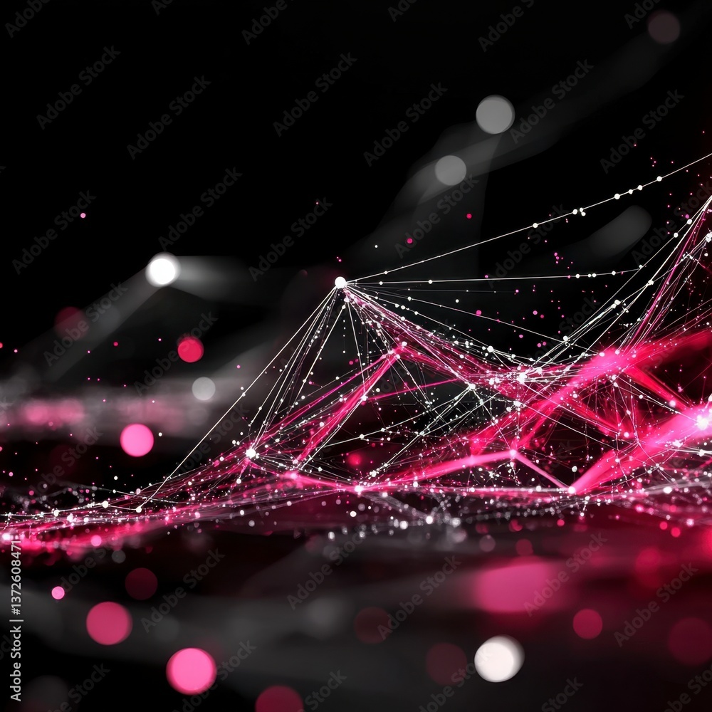 Poster abstract background with interconnected lines and glowing pink and white nodes against a black backd