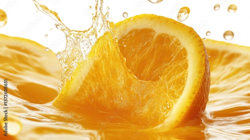 Poster vibrant orange slice plunging into juice creating splash on white background capturing refreshing es