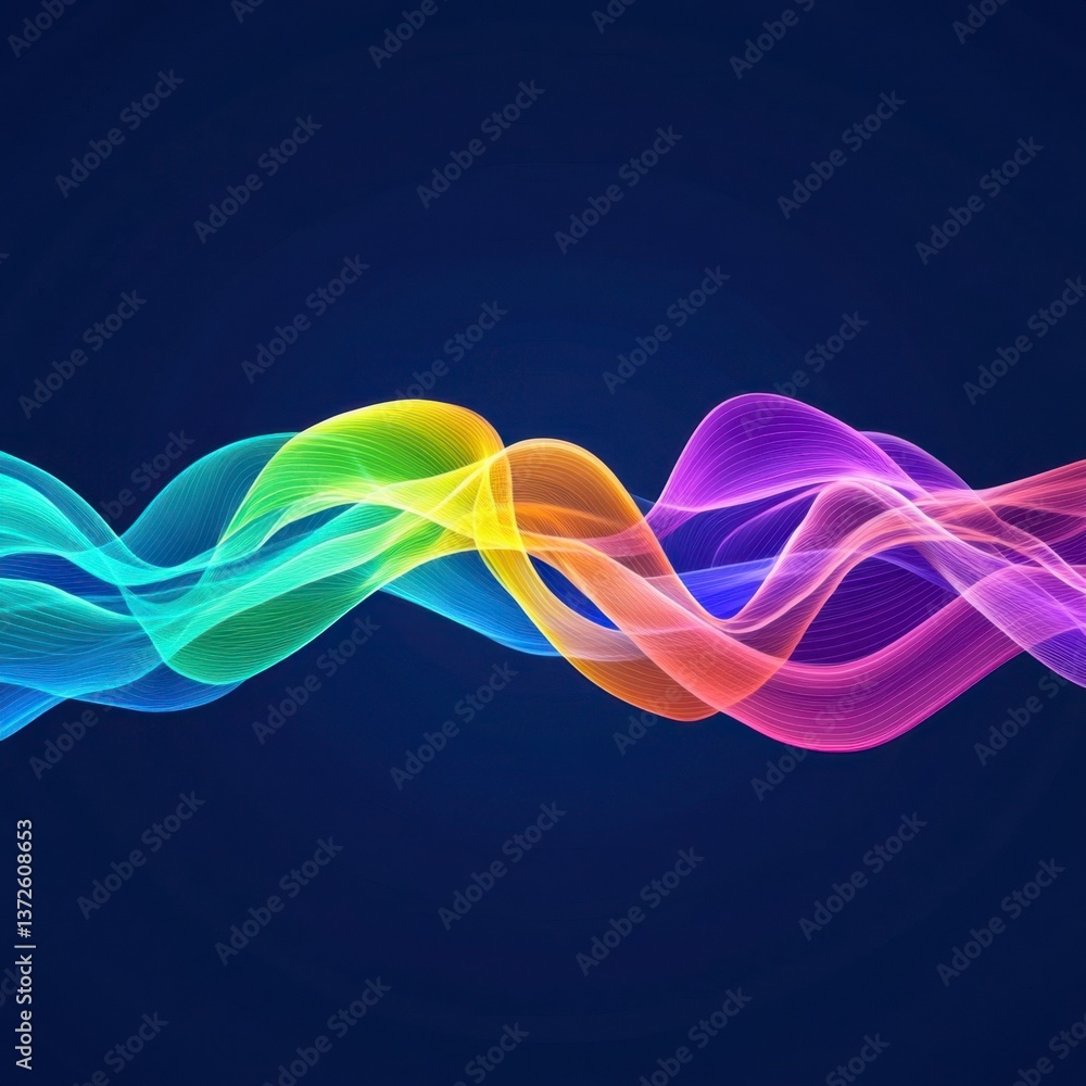 Poster abstract rainbow wave flowing on a dark blue background. the wave is composed of colorful particles 