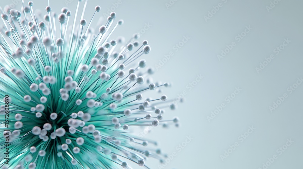 Poster abstract 3d rendering of a sphere with numerous thin, light teal strands and small white spheres at 