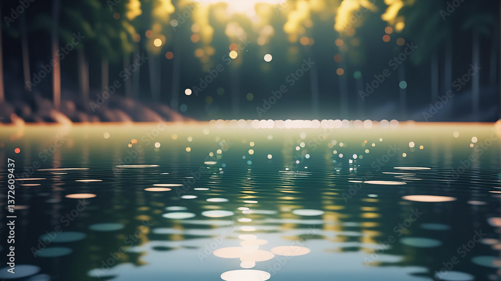 Poster Calm lake mirroring tall trees under soft sunlight, with bokeh effect lights on the water surface, creating a tranquil and scenic natural view.