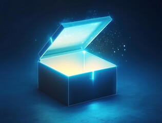 Glowing Mystery Box: An opened box emitting a bright light and shimmering particles in a dark blue room.