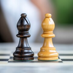 Close up of black and beige chess bishops on a chessboard, shallow depth of field.