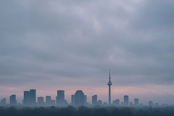 Misty City Skyline at Dawn with Overcast Sky