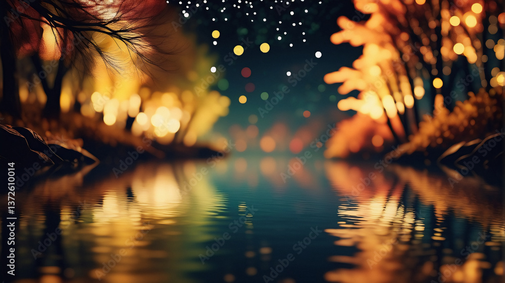 Poster a serene waterscape at twilight features autumnal trees with warm lights creating a magical, glowing