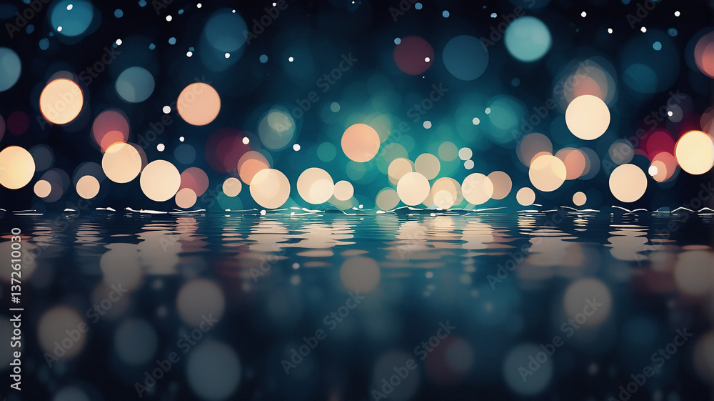 Aufkleber blurred lights create a bokeh effect over a dark reflective surface, like water. shimmering reflecti