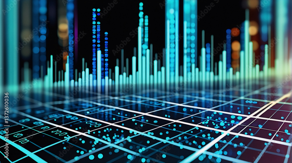 Fototapete abstract digital grid with glowing blue columns represents data flow and modern technology. futurist
