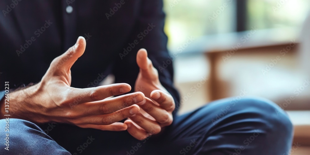 Poster hands nervously wringing in an interview, focus on the anxiety and pressure of the workplace challen