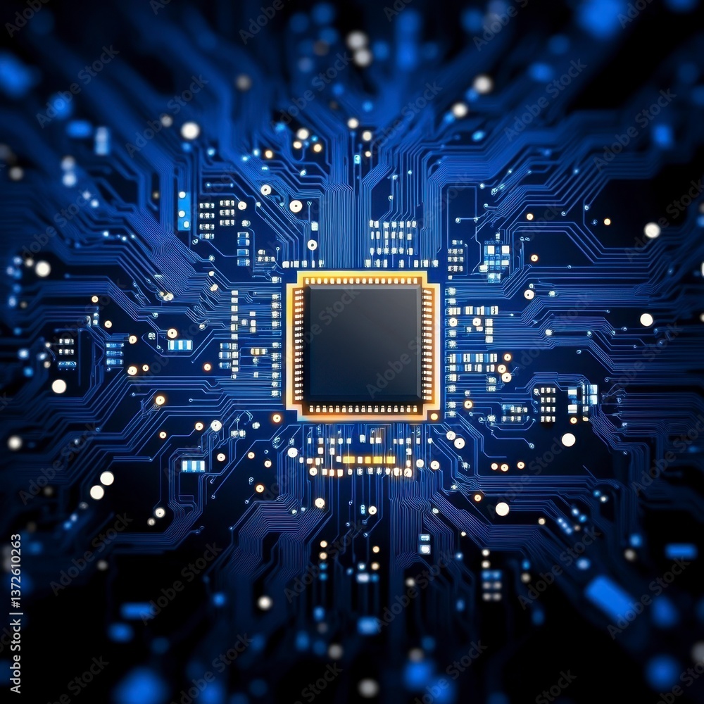 Poster close up view of a central processing unit (cpu) on a circuit board. the cpu is dark gray, surrounde