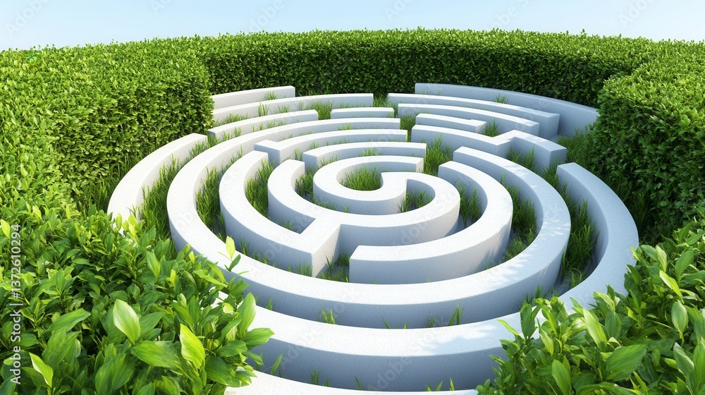 Poster high angle view of a circular stone maze surrounded by lush green hedges under a bright sky. the maz