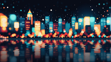 Blurry night city skyline reflects in water. Colorful lights create a dreamy, artistic cityscape panorama. The urban scene is vibrant and illuminated.