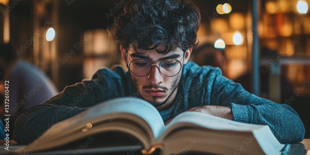Aufkleber Detailed view of an employee studying at their desk, focus on the open textbook and determined expression, capturing self-driven development