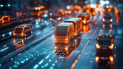 Futuristic vehicles on a digital highway at night