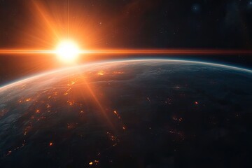 Obraz premium Planet with a sun in the sky and a bright orange glow. The sun is in the center of the image and the planet is in the background
