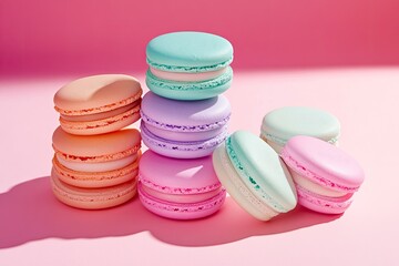 Stack of colorful macarons on a pink background. The macarons are arranged in a pyramid shape, with the pink background providing a soft and inviting atmosphere. The variety of colors