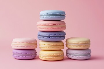 Fototapeta premium Stack of colorful macarons on a pink background. The macarons are in different colors and are arranged in a pyramid shape. Concept of elegance and sophistication