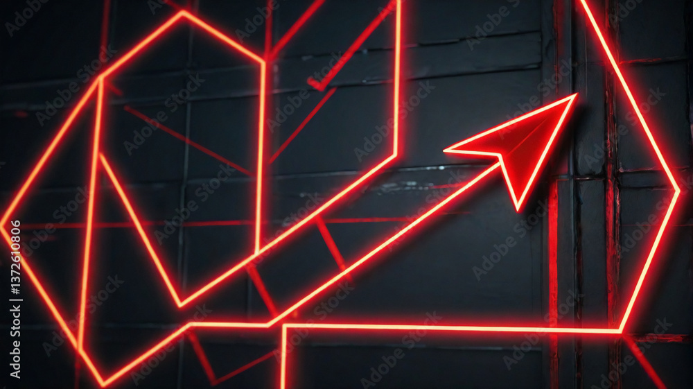 Poster a vibrant red neon arrow boldly ascends against a dark, structured backdrop adorned with geometric s