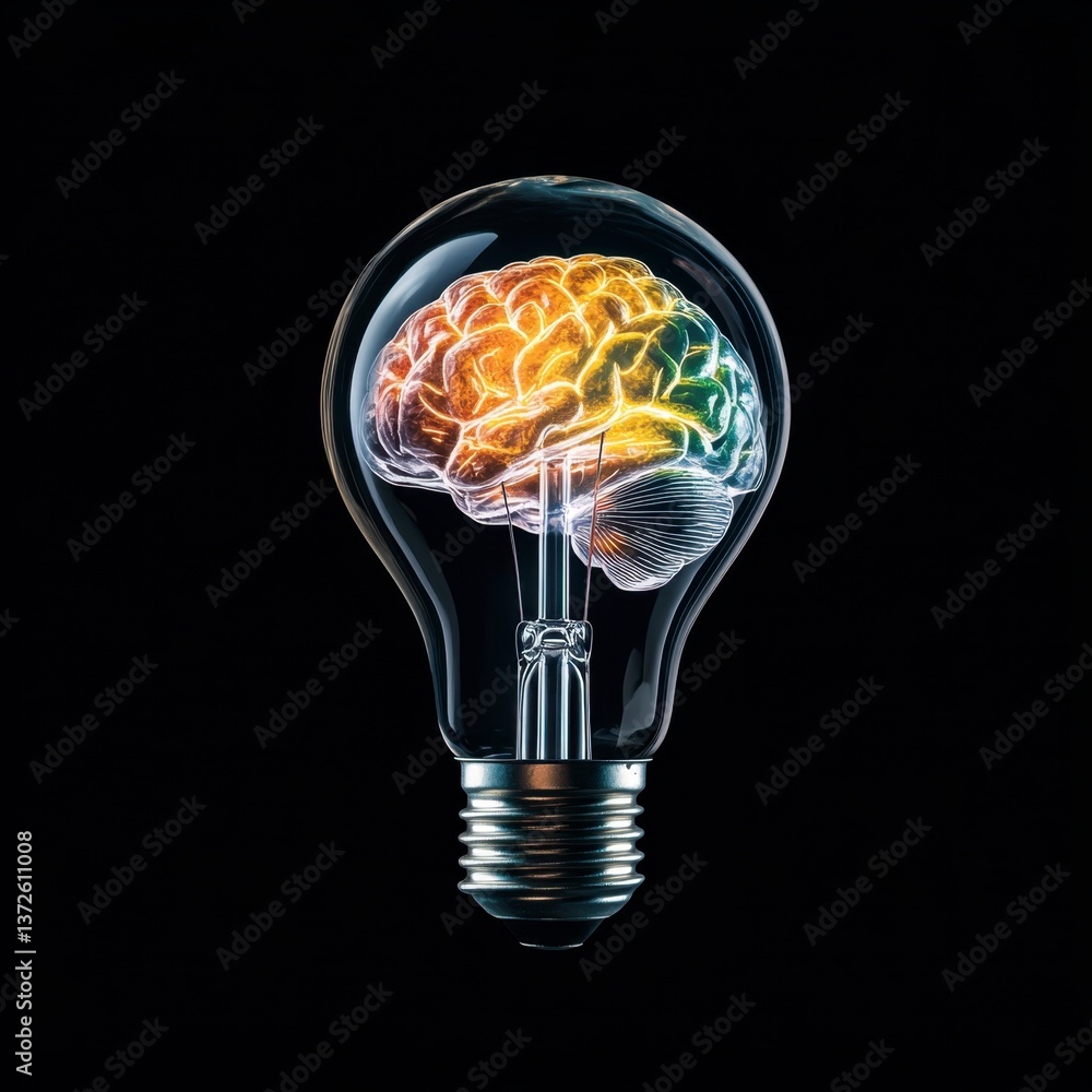 Poster a lightbulb with a colorful brain inside against a black background. the image uses a digital art te