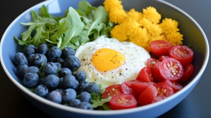 Vibrant healthy breakfast bowl with fried egg, blueberries, cherry tomatoes, arugula, and yellow flowers in a blue bowl. A colorful and nutritious meal.