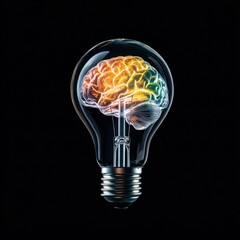 A lightbulb with a colorful brain inside against a black background. The image uses a digital art technique to depict the brain's intricate details.