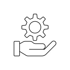 Hand holding cogwheel line icon. Work process concept