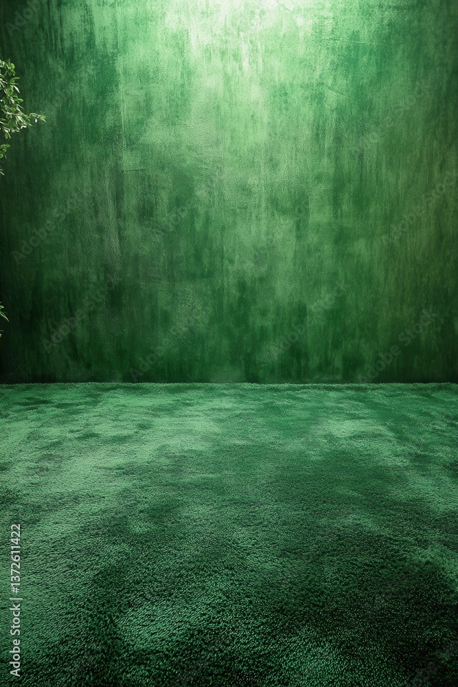 Poster emerald dreamscape backdrop with textured green wall and plush carpet creating a serene and inviting