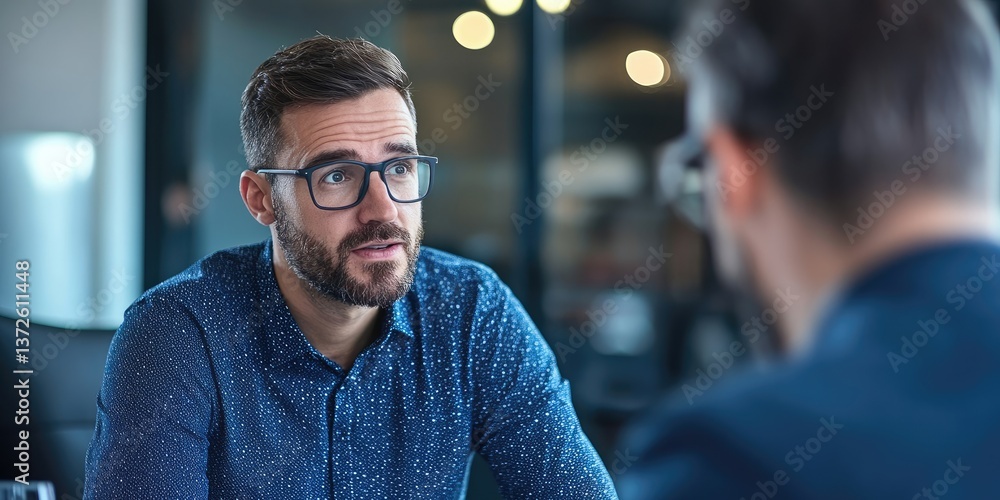 Poster a performance review in progress, focus on the employee?s thoughtful expression and the manager?s supportive feedback