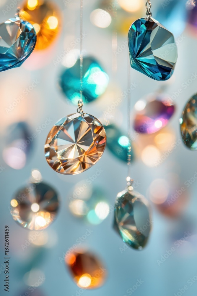Poster sparkling crystal ornaments suspended in air reflecting light creating a festive and elegant atmosph