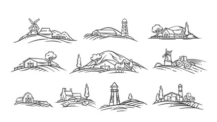 Village scenes with agricultural tractor and barn, water tower line icons set. Outline hand drawn farmhouse, horse in meadow. Agriculture mascot, rural scenery icons collection vector illustration