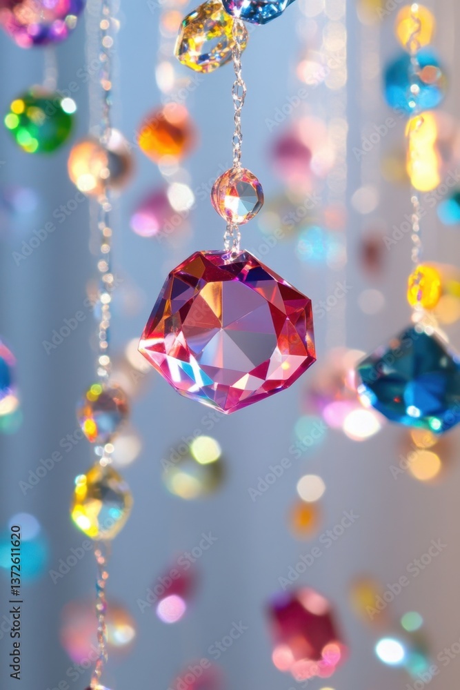 Poster iridescent crystal prism mobile with bokeh background casting rainbow light in a dreamy and ethereal