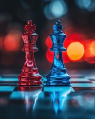 Two translucent chess kings on a reflective board with bokeh background in red and blue tones creating a strategic mood