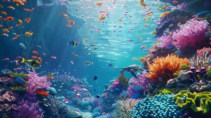 A massive coral reef teeming with exotic fish, sea turtles, and vibrant underwater plants