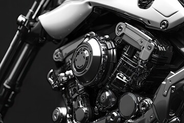 Close up of a motorcycle engine with a futuristic look. The engine is made of metal and has a shiny, metallic appearance. Concept of technology and innovation, as well as a futuristic aesthetic