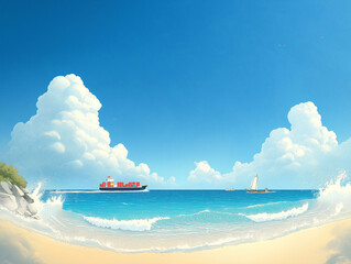 Cargo Ship on a Sunny Beach with Blue Sky