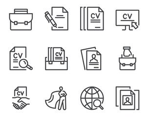 Job searching recruitment CV resume employment HR human resources flat black thin line stroke isolaed icon set collection