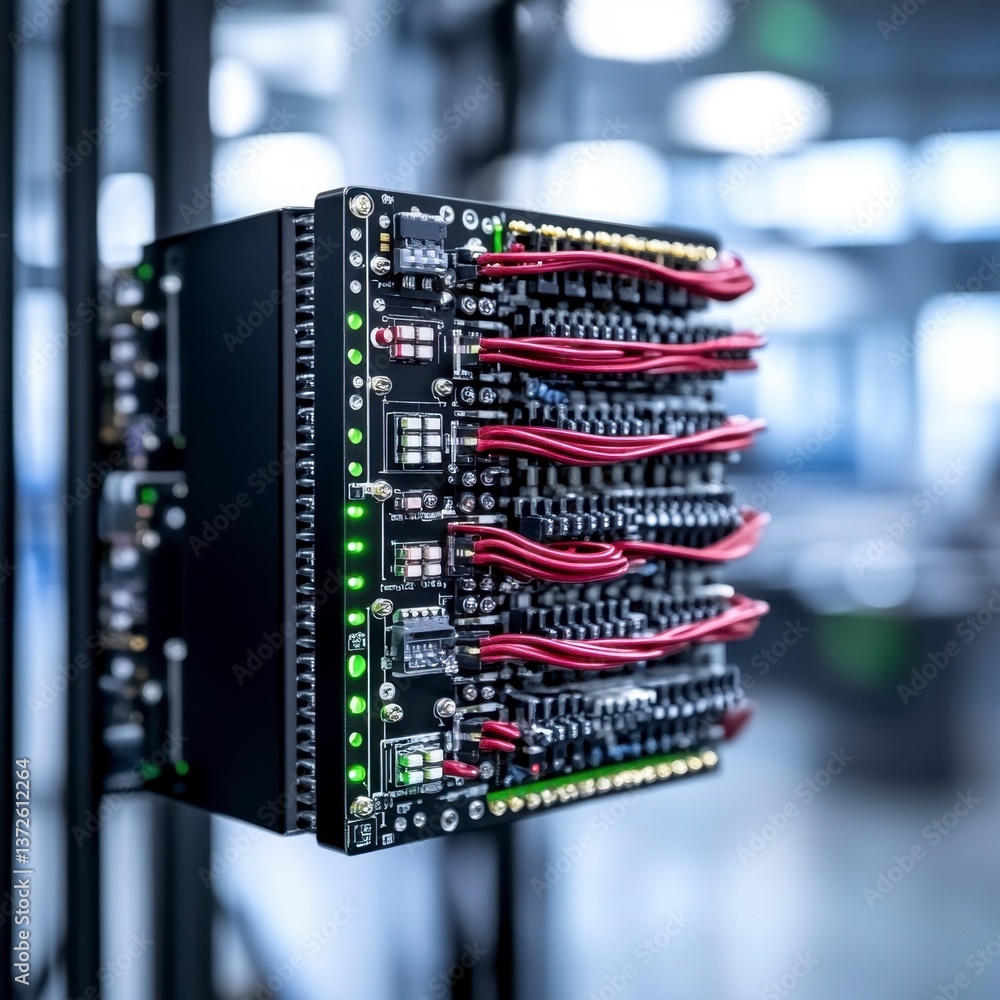 Poster close up view of a complex electronic circuit board with red wires, mounted on a metallic stand agai