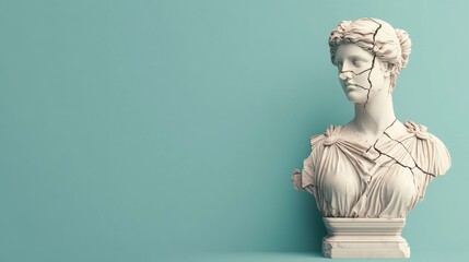 Cracked White Marble Bust Statue Against Soft Teal Background Representing Artistic Decay and Timeless Beauty in Contemporary Art Style