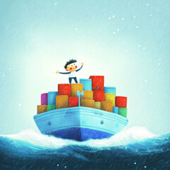 Cute Cartoon Child on Cargo Ship in a Rainy Sea