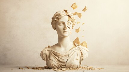 Naklejka premium Fragmented Marble Sculpture of a Classical Female Bust with Chipped Surface and Broken Pieces on a Light Background