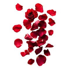 Vibrant Crimson Rose Petals Falling on Pristine White Background