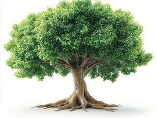 Lush Green Tree with Strong Roots on White Background