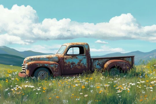 An old truck is parked in a field of flowers. The truck is rusted and has a faded blue color. The field is lush and green, with a few yellow flowers scattered throughout
