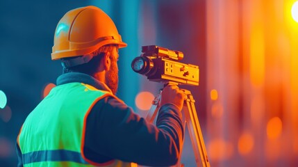 Construction worker using surveying equipment outdoors at dusk in urban environment with bright lighting effects and safety gear on display.