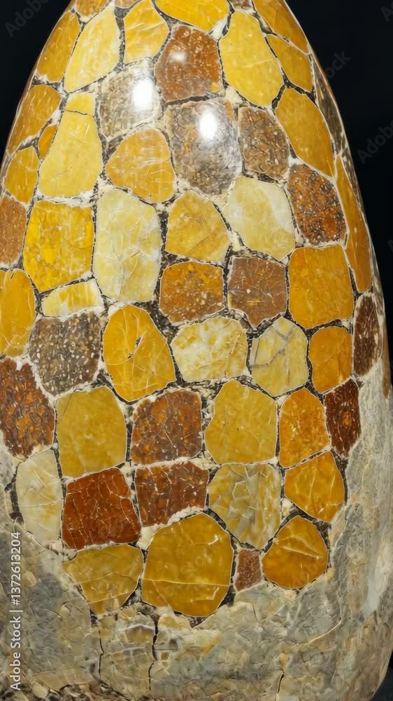 Poster polished gemstone sculpture showcasing intricate patterns and rich colors in an artistic display