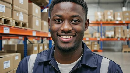 African American employee of logistics center in uniform showing thumb up. Organized warehouse environment reflects efficient inventory management and ensuring smooth supply chain.
